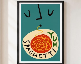 May include: A framed wall art print featuring a teal background with a stylized black line drawing of a face. A beige plate holds a red circle of spaghetti with a single strand reaching up to the mouth. The text reads SPAGHETTI and YUM in black and green.