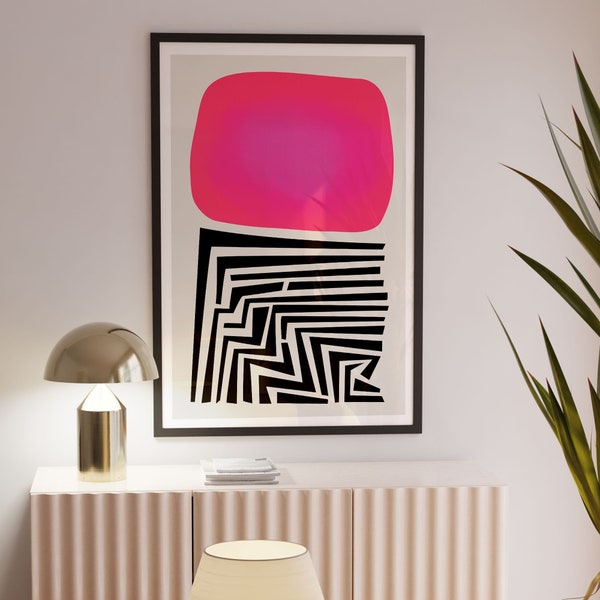 Labyrinth Abstract Geometric Art in Pink and Black, Mid Century Color Field Wall Art, Statement Piece Wall Art for Living Room Decor,