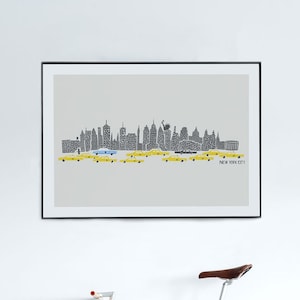 New York Poster, Skyline City Art, Mid Century Modern, New York Print, Travel Wall Art, Statue of Liberty, NYC Art, Retro Illustration,