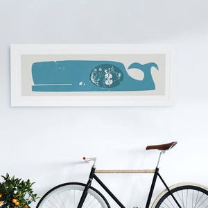 Whale Print Panoramic, Gift for Jazz Lover, Blue Whale, Music, Saxophone, Trumpet, Double Bass, Mid Century, Retro Decor, Sea Animal, Ocean