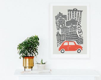 Rome City Art, Travel Wall Decor, Italy Colosseum, Pantheon, Gift for Travel Lovers, Travellers, Retro Style Print, Mid Century Modern