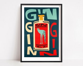 Gin Print, Gin Lover Gift, Alcohol Sign, Peacock Print, Mid Century Modern, Dining Room Art, Bar Sign, Living Room Print, Retro Poster