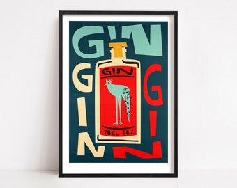 Gin Bottle Print: Deep Blue Mid-Century Retro Bar Décor