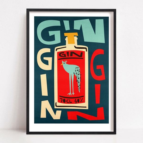 Gin Print, Gin Lover Gift, Alcohol Sign, Peacock Print, Mid Century Modern, Dining Room Art, Bar Sign, Living Room Print, Retro Poster