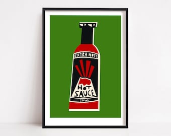 Hot Sauce Poster for Kitchen, Mid Century Decor, Very Spicy Food Art, Retro Art for Living Room, Mix & match with our other foodie designs!