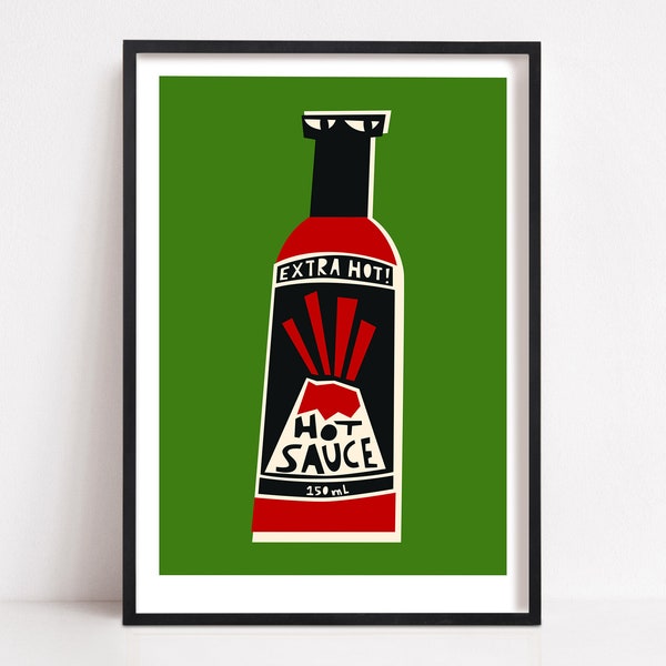 Hot Sauce Poster for Kitchen, Mid Century Decor, Very Spicy Food Art, Retro Art for Living Room, Mix & match with our other foodie designs!