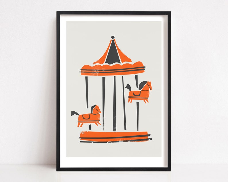 Parisian Carousel Art Print, Nursery Wall Art, Kids Poster, Paris Themed Decor, Mid Century Style, Illustrated Print, France Baby Playroom image 1