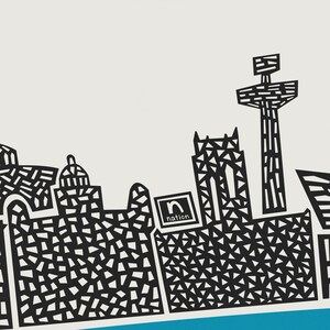 Puede incluir: Ilustraci&oacute;n en blanco y negro de un horizonte de ciudad con la palabra "nation" en un cuadro. El horizonte incluye una torre alta, una iglesia y otros edificios.
