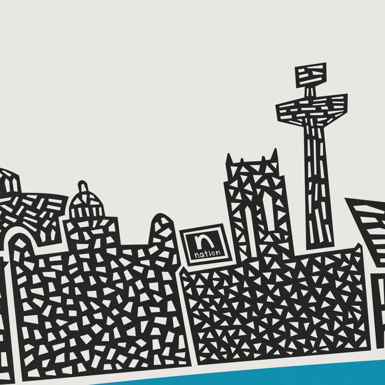 Puede incluir: Ilustraci&oacute;n en blanco y negro de un horizonte de ciudad con la palabra "nation" en un cuadro. El horizonte incluye una torre alta, una iglesia y otros edificios.