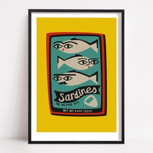 Stampa di sardine, poster di metà secolo per la cucina, parete della galleria, arte murale retrò e originale