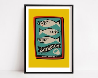 Sardines Print: Yellow Mid Century Art for Kitchen - Funny Artwork