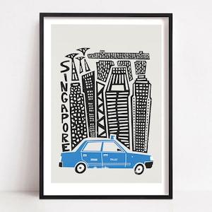 Singapore Skyline City Print: Blue Taxi Travel Art