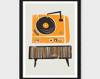 Record Player Print: Orange Turntable Vinyl Deck Art