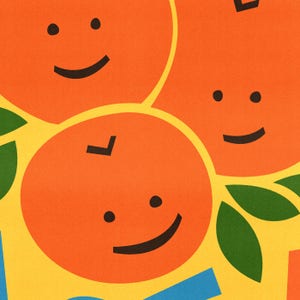 May include: Three orange fruit with smiling faces, two are larger and one is smaller, all have black eyes and mouths, the smaller fruit is in the center and the two larger fruits are on either side of it, there are green leaves on the left and right sides of the image.