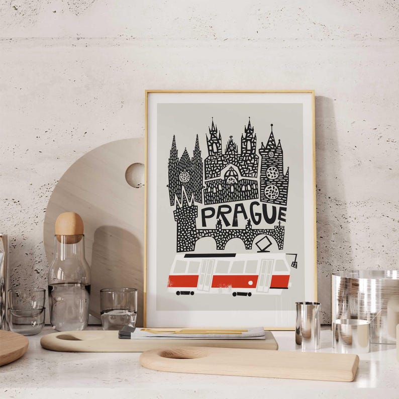 Prague Print: Czech Republic Travel Poster With Tram image 9