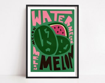 Watermelon Print, Kitchen Decor, Mid Century Modern Art, Retro Decor, Summer Fruit Print, Housewarming Gift, Fruit Art Poster