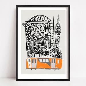 Stampa della città di Glasgow, Scozia, arte murale di viaggio, arredamento per soggiorno, stile moderno di metà secolo, design retrò, MCM, stampa illustrata, arte architettonica
