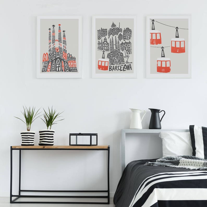 Set of 3 Barcelona Prints. Barcelona City Print, Sagrada Familia, and Cable Cars Prints. 3 Piece City Wall Art. image 6