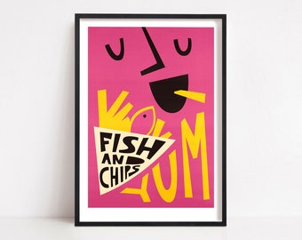 Fish & Chips Print, Kitchen Wall Decor, Fast Food, Kitchen Poster, Pop Art, Mid Century Modern Poster, Foodie Gift, Dining Room Wall Art