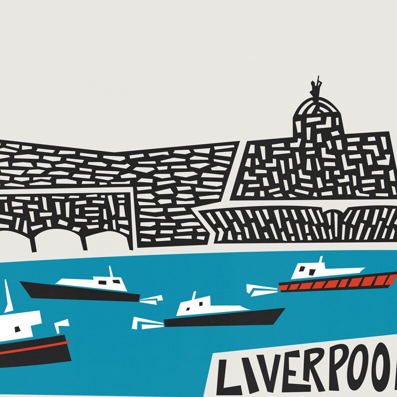 Puede incluir: Una ilustraci&oacute;n en blanco y negro de un horizonte de ciudad con un edificio con una c&uacute;pula y un r&iacute;o con barcos. El texto "LIVERPOOL" est&aacute; en la parte inferior de la imagen.