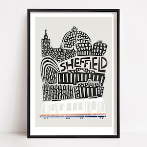 Sheffield Cityscape Art Print, UK City Skyline, Architecture Wall Decor, Mid Century Modern, Famous Buildings, Dorm Room, University Student