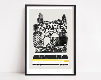 Impression de la ville de Los Angeles, art de la ville, affiche de LA, art californien, milieu du siècle moderne, cadeau d'anniversaire, art mural salon, voyage, architecture