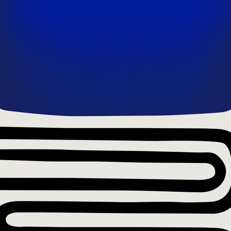 May include: A graphic design featuring a solid deep blue section at the top, transitioning into a white background with a series of thick, black, hand-drawn horizontal lines that curve and connect at the right side in a continuous pattern.