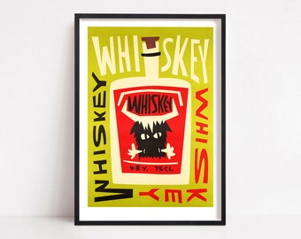 Whiskey Poster, Mid Century Bar Art, Print for Home Bar, Gift for Whiskey Lover, Green & Red Retro Style Drinks Print