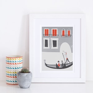 Venetian Gondola Illustration. Mid Century Style grey and red drawing of a couple on a gondola in Venice. Italy Honeymoon Gift Idea. image 5