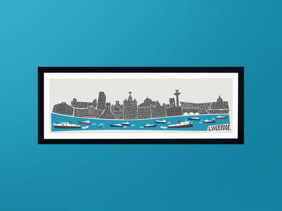 Panoramic Liverpool Print: Blue City Skyline Art