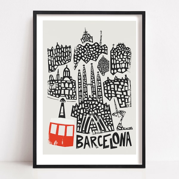 Impression paysage urbain de Barcelone, style Mid-Century moderne, art de l'architecture, affiche de ville, bâtiments emblématiques, oeuvre d'art murale de salon, ville natale