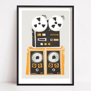 Reel to Reel Print, Musik Poster, Musikzimmer, Retro Illustration, MCM, Geburtstagsgeschenk, Wanddekoration, Pop Musik, Galerie Wandkunst, Büro