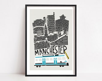 Manchester City Print, Travel Art, Living Room Wall Art, Mid Century Cityscape, Skyline, Grande-Bretagne, Mari Femme Cadeau, Impression illustrée