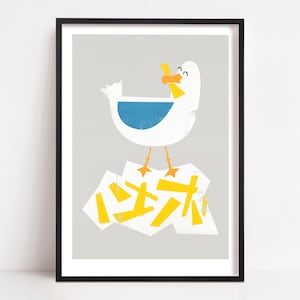 Möwe Print, Tier Poster, Geburtstagsgeschenk, Seaside Art, Fish And Chips, Mid Century Vogel, Kinderzimmer Print, Neutrale Farbe, Blaue Art