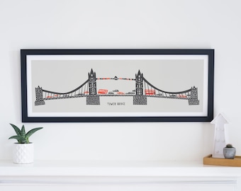 London Tower Bridge, London Art, Mid Century Illustration, Panoramic Print, London Memorabilia, Bridge Art