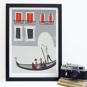 Venetian Gondola Illustration. Mid Century Style grey and red drawing of a couple on a gondola in Venice. Italy Honeymoon Gift Idea. image 10