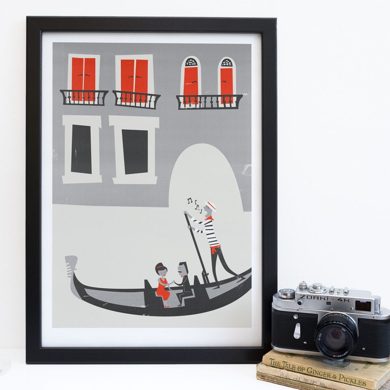 Venetian Gondola Illustration. Mid Century Style grey and red drawing of a couple on a gondola in Venice. Italy Honeymoon Gift Idea. image 10