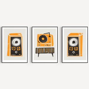 Record Deck and Speakers Set of 3 Prints: Orange Music Studio Decor