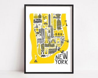 New York Map Poster, Illustrated Map of New York Landmarks, New York Travel Print, Map of Manhattan, Kids Room Decor