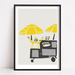 Hot Dog Cart Print, New York Wall Art, Kitchen Decor Ideas, Hot Dog Stand,  Mid Century Illustration, Mustard Yellow Poster, Birthday Gift