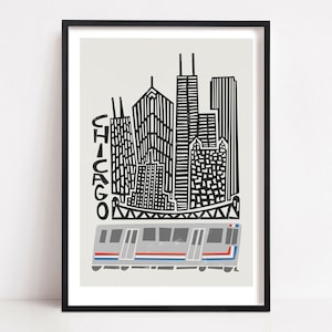 Poster con paesaggio urbano di Chicago, stampa artistica di viaggio in città, idea regalo per l'Illinois