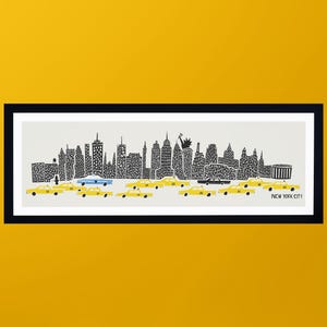 New York Skyline Panoramic Print: NYC Yellow Taxi Illustration