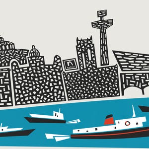 Puede incluir: Ilustraci&oacute;n en blanco y negro de un horizonte de ciudad con una gran torre, una iglesia y otros edificios. El horizonte est&aacute; sobre una masa de agua azul con varios barcos. El texto "n nation" es visible en el lateral de uno de los edificios.