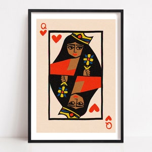 Hartenkoningin speelkaartprint, muurkunst slaapzaal of slaapkamer, mensen en portretillustraties