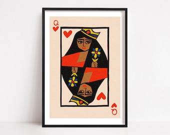 Queen of Hearts Playing Card Print, Dorm Room or Bedroom Wall Art, People and Portrait Illustrations