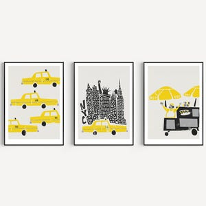 Set of 3 New York Prints: Yellow Taxis, Cityscape And A Hot Dog Cart