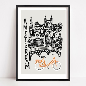 Amsterdam Cityscape Print: Bicycle Poster Travel Art