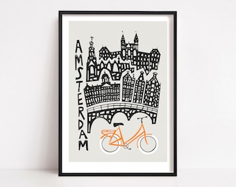 Amsterdam Cityscape Print, Travel Art, Bicycle Poster, The Netherlands, City Wall Art Decor, Illustrated Print, Architecture Wall Decor