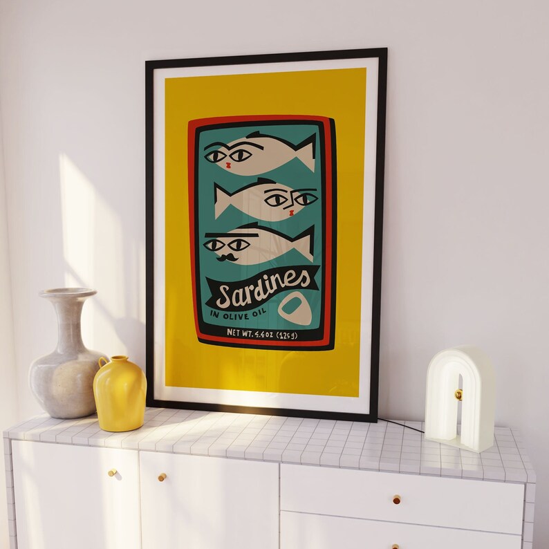 Sardines Art, Retro Can, Fish Lover Gift, Food Idea, Coastal Kitchen Decor, Fish Market, Shoal Poster, Mediterranean Seafood Festival image 1