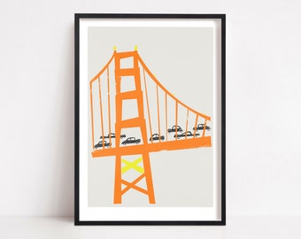 Golden Gate Bridge Print, Impression illustrée originale, Art de voyage de San Francisco, Villes américaines, Cadeau Globetrotter, Style inspiré du milieu du siècle, MCM